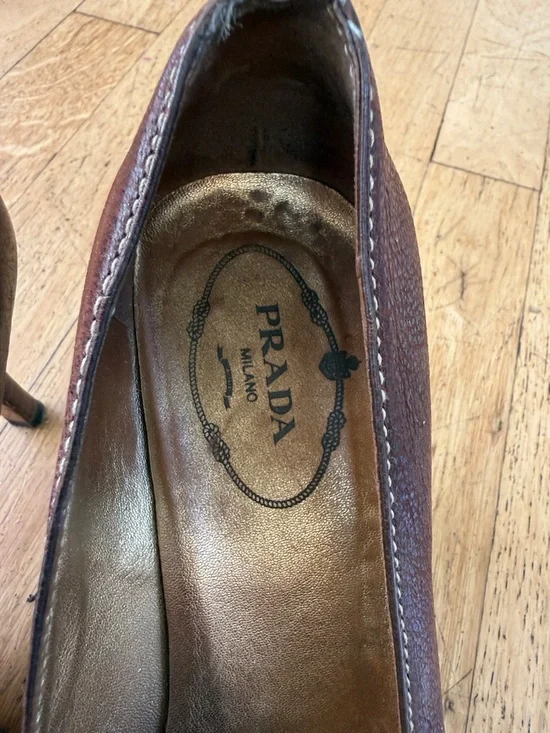 Prada Brown Pointed Toe Leather Buckle Pumps - Picture 3 of 5